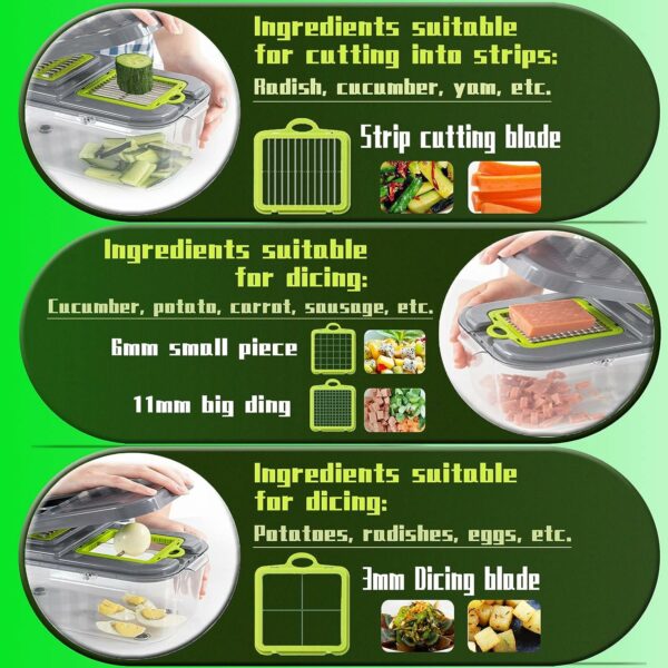13 Replaceable Blades: 5 Dicer Size Blades, 2 Slicing Blades